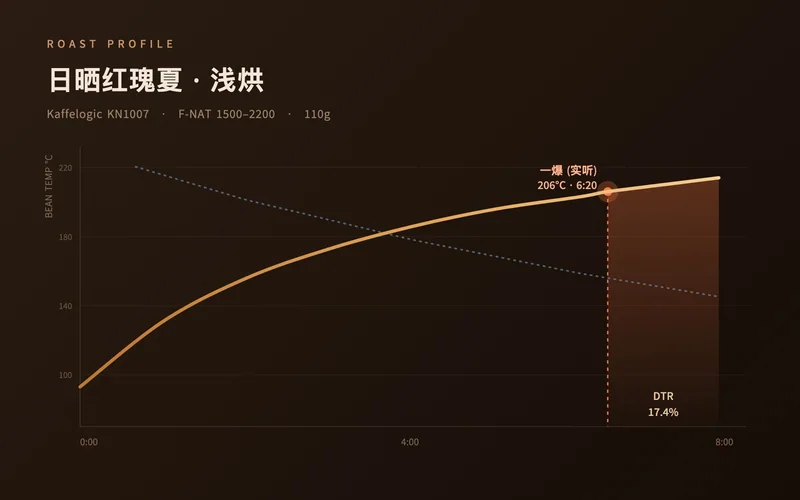 日晒红瑰夏原有烘焙记录：一爆 206°C、6:20，DTR 17.4%