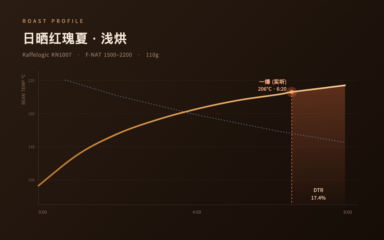 日晒红瑰夏烘焙曲线，标注一爆与 DTR 区间